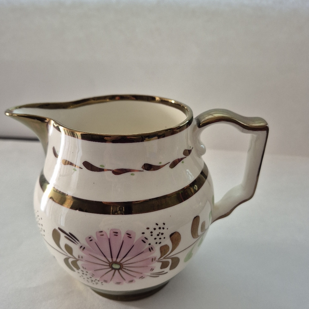 Elegant Gold and Pink Floral Lusterware Pitcher Creamer